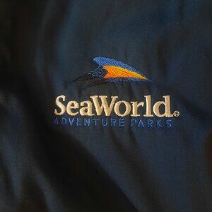 SEA WORLD Mens Navy Employee Shamu Zip Front Fleece Lined Bomber Jacket Sz L